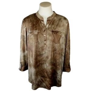 Cocomo Brown Gold Detail 3/4 Roll Tab Slv Half Button Blouse Sz XL